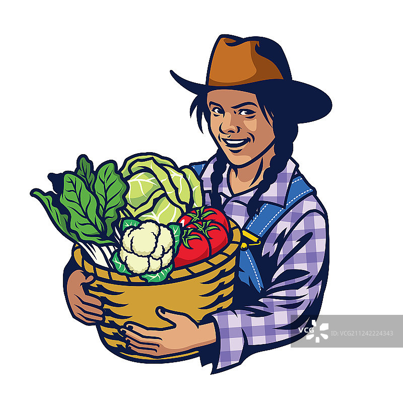 快乐的女农民拿着装满东西的水桶图片素材