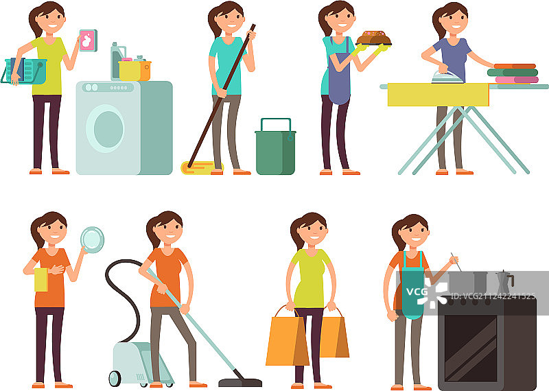 做家务的卡通家庭主妇图片素材