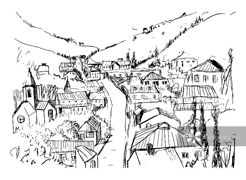 带有格鲁吉亚小镇的山景速写图片素材