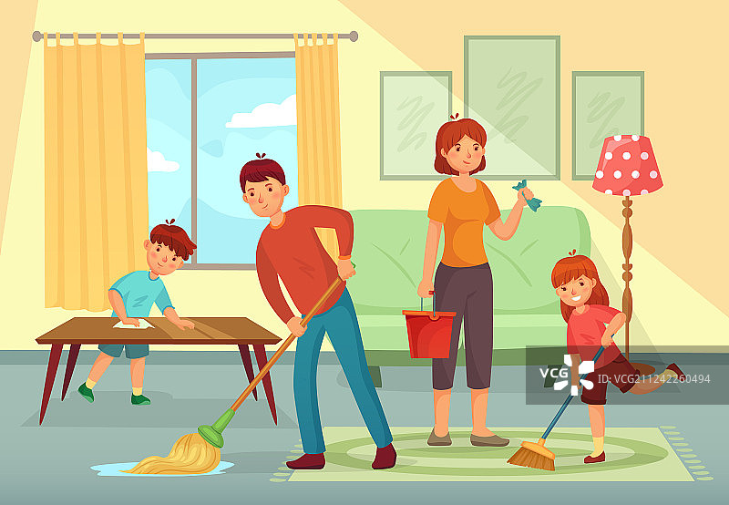 一家人打扫房子，爸爸妈妈和孩子们图片素材