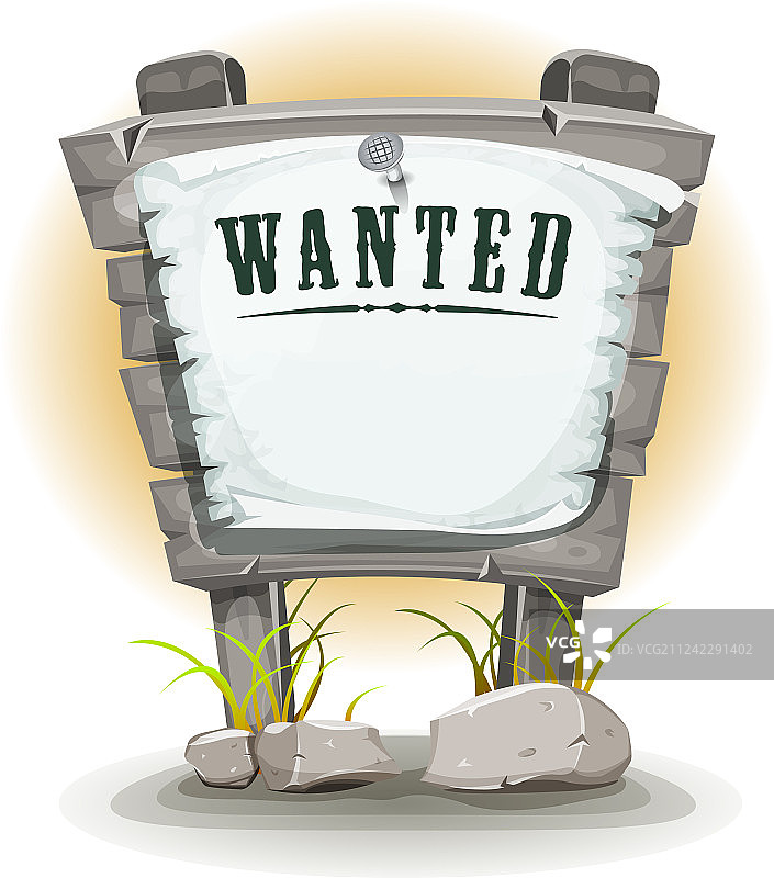 卡通石头标志，带撕裂纸上的通缉字样图片素材
