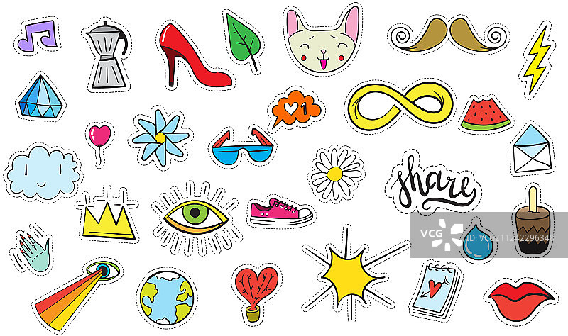 可爱的彩色现代时尚徽章套装图片素材