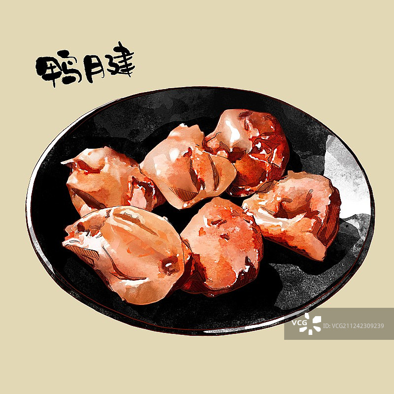 美食插画 卤味卤料 鸡鸭肉带盘子 鸭腱鸡腱图片素材