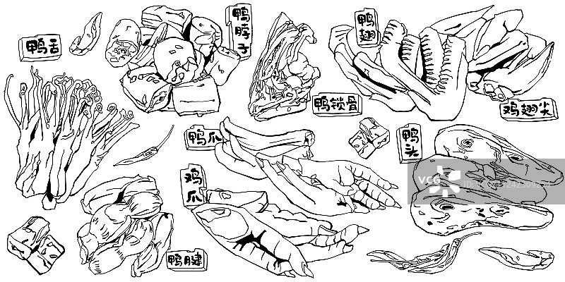 美食插画 卤味卤料 鸡鸭肉黑白线稿图片素材