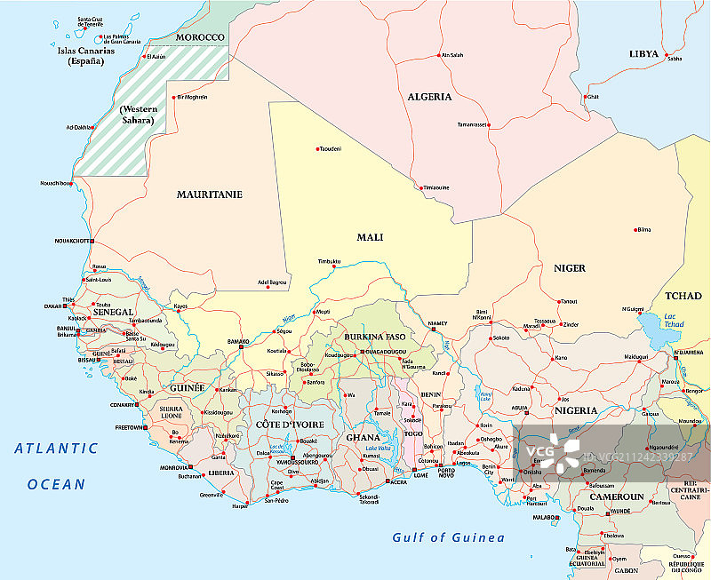 西非国家详细路线图图片素材