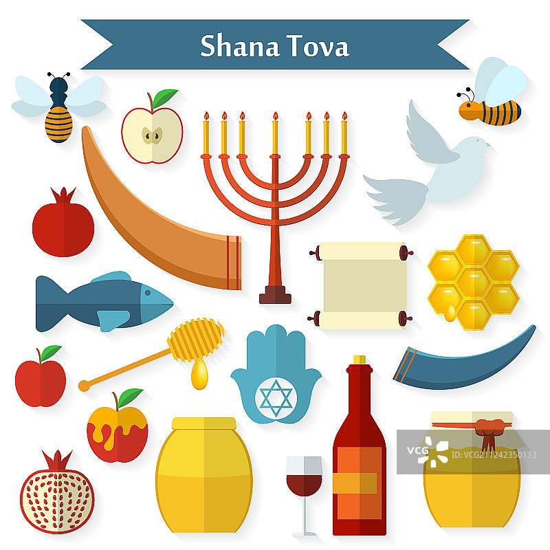 犹太新年 Shana Tova 扁平图标合集图片素材