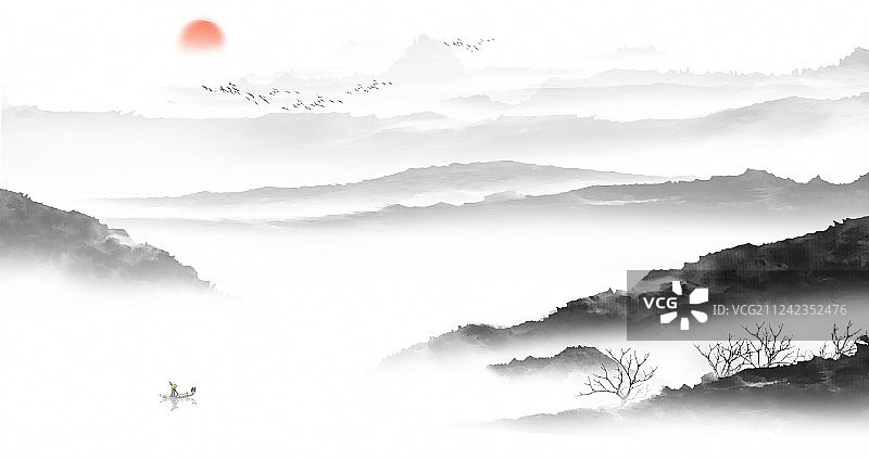 手绘中国风意境水墨山水风景画图片素材