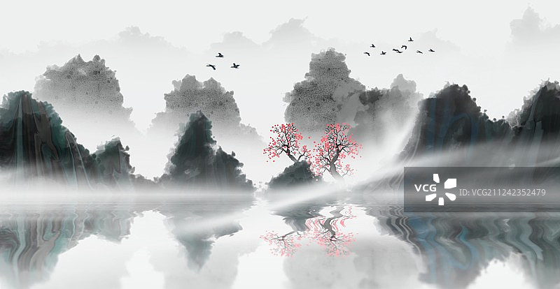 手绘中国风意境水墨山水风景画图片素材