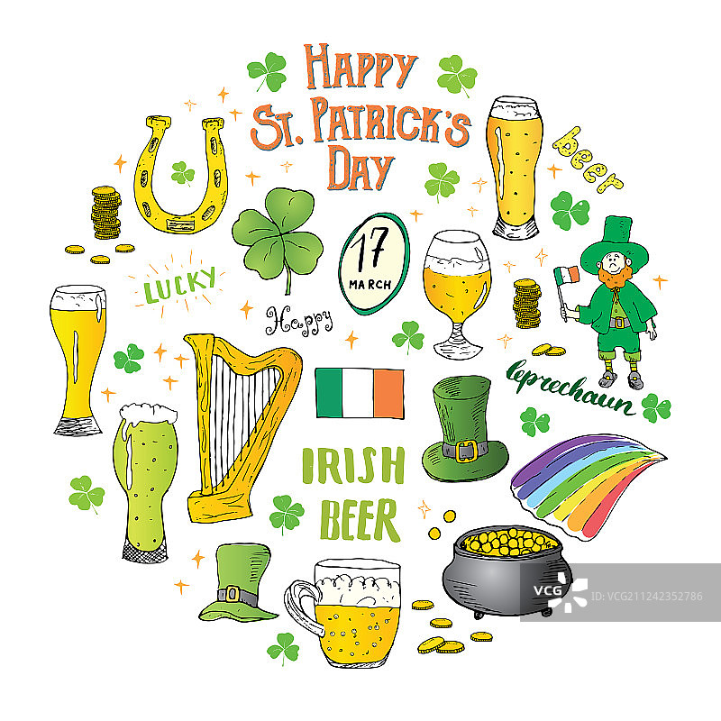 圣帕特里克节手绘涂鸦套装图片素材
