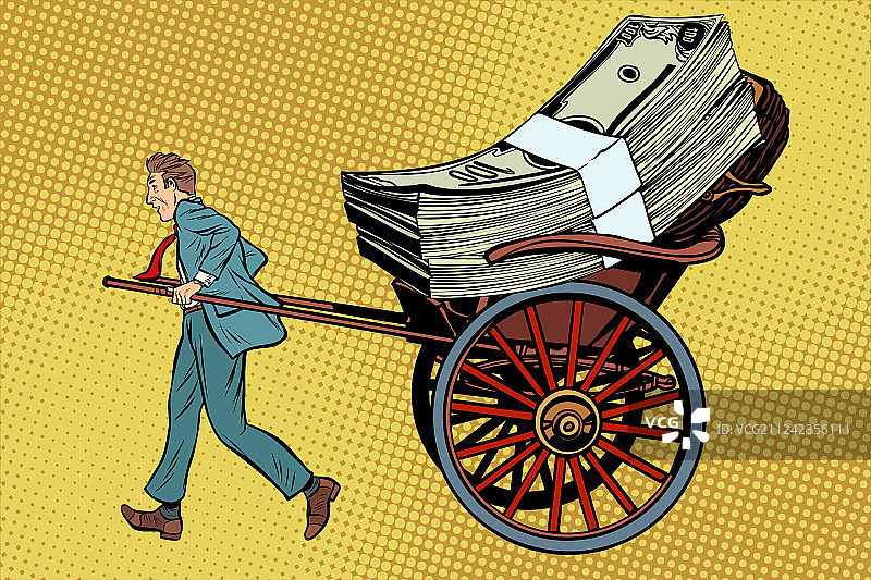 商务人士乘坐人力车运送金钱图片素材