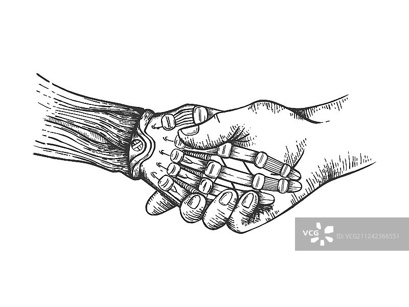 机器人握手素描雕刻图片素材