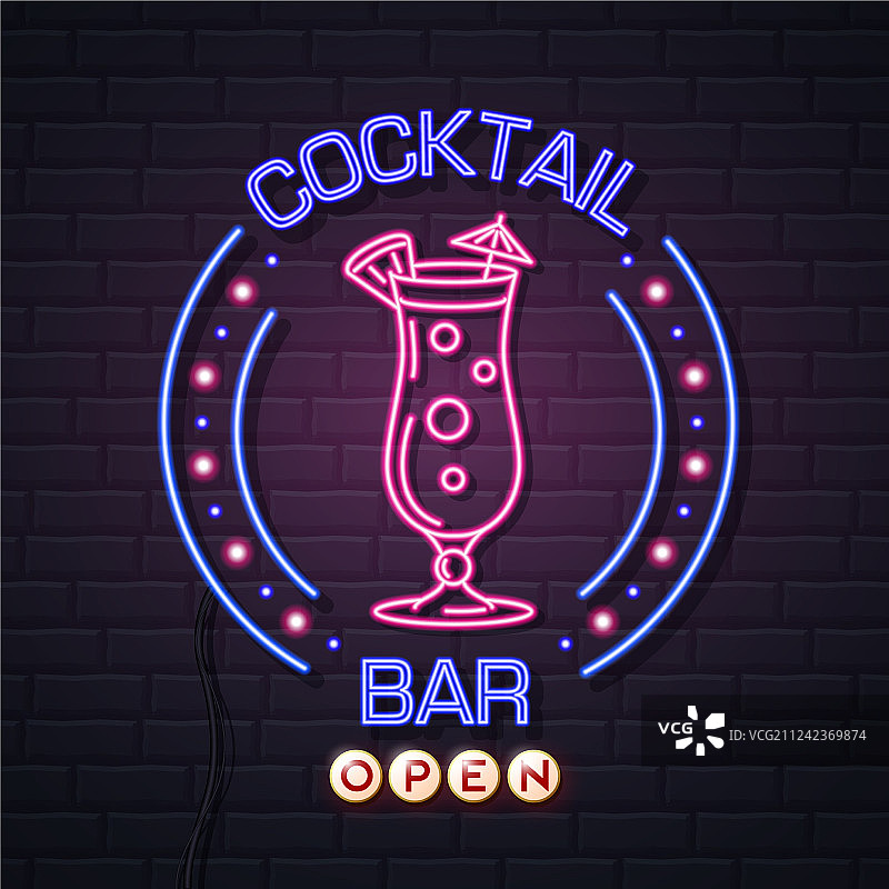 鸡尾酒吧霓虹灯标志砖墙背景图片素材