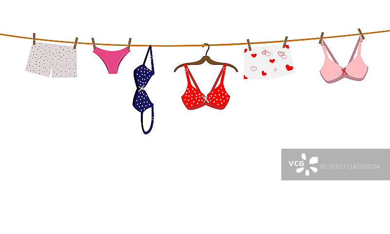 挂在绳子上的女士内裤文胸和内衣图片素材