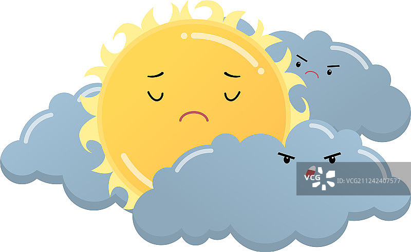 灰色怒云间悲伤的黄色太阳表情符号图片素材