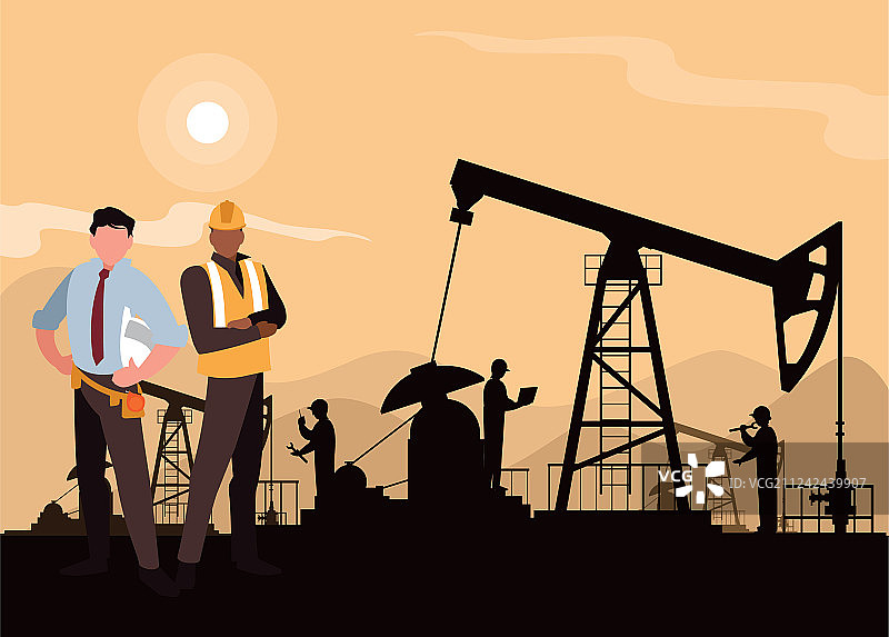 带有井架和工人的石油工业场景图片素材