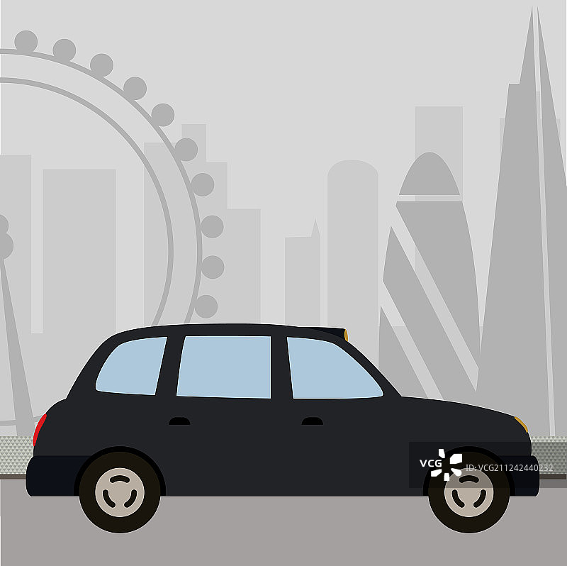 伦敦黑色出租车与城市天际线背景图片素材