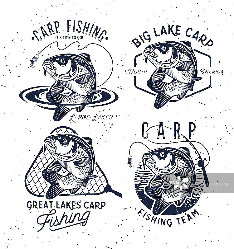 复古鲤鱼钓鱼标志和标签图片素材