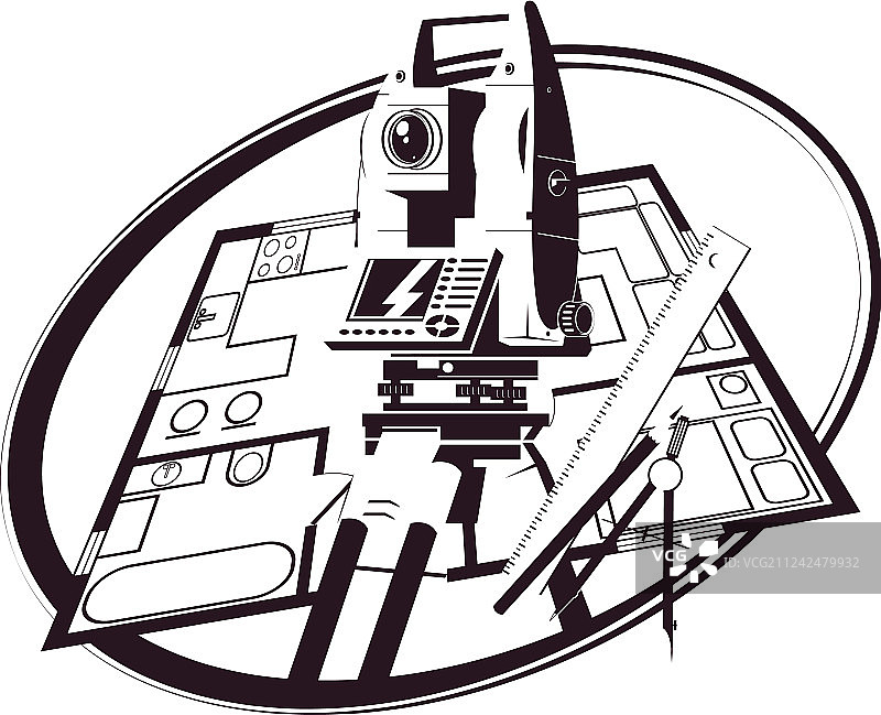 全站仪、工具和房屋平面图图片素材