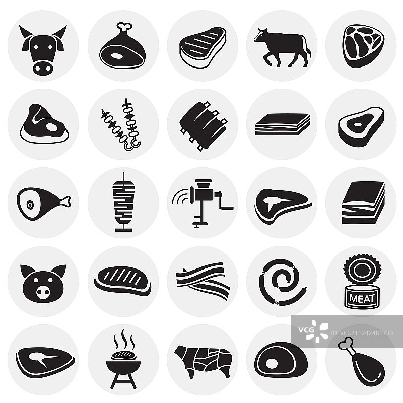 圆形背景上用于图形设计的肉类图标集图片素材