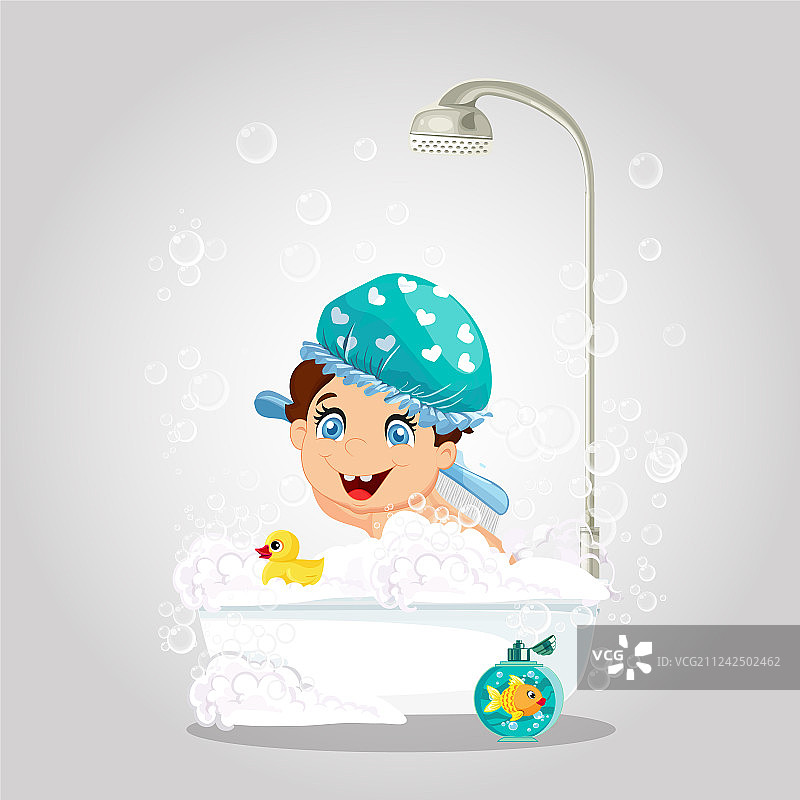 戴浴帽的可爱小男孩在淋浴图片素材