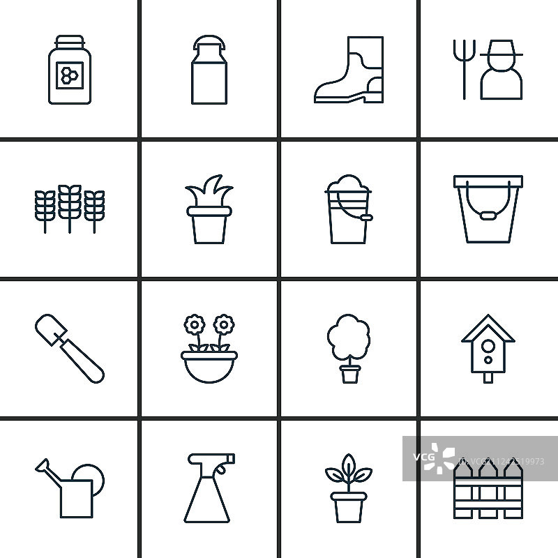 包含铁锹的16个园艺图标图片素材