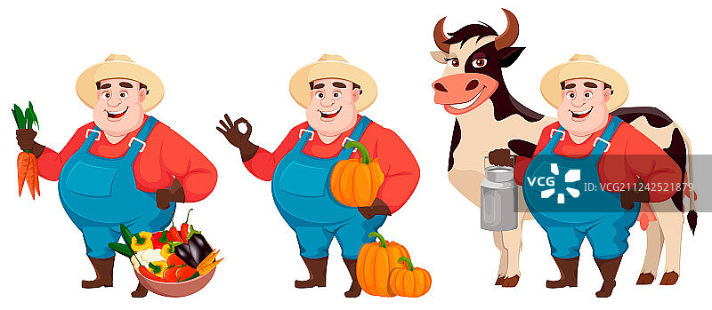 三组姿势的肥胖农民农艺师图片素材