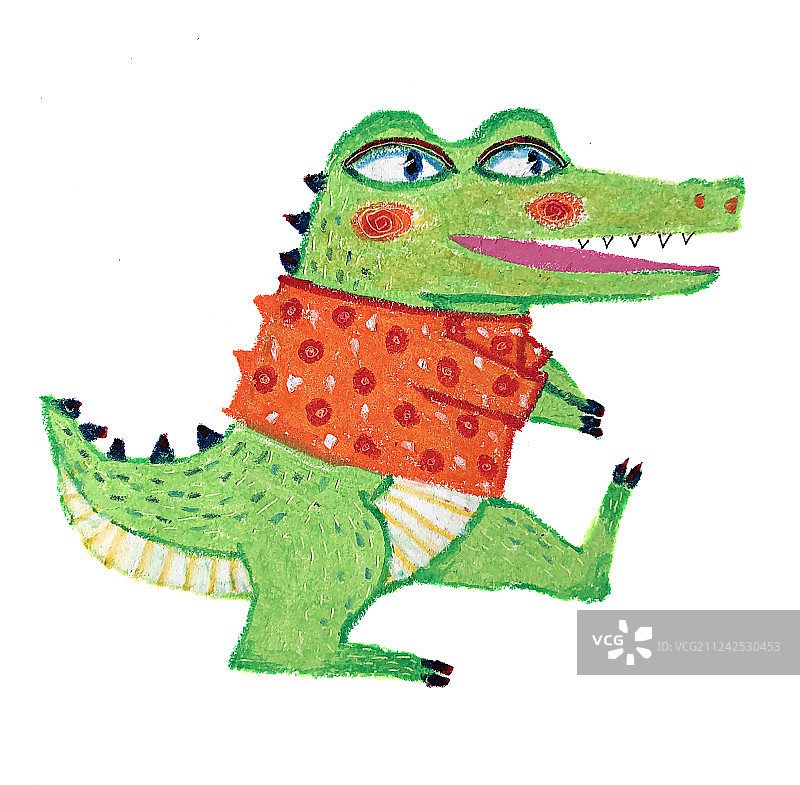 油画棒插画-快乐行走的恐龙图片素材