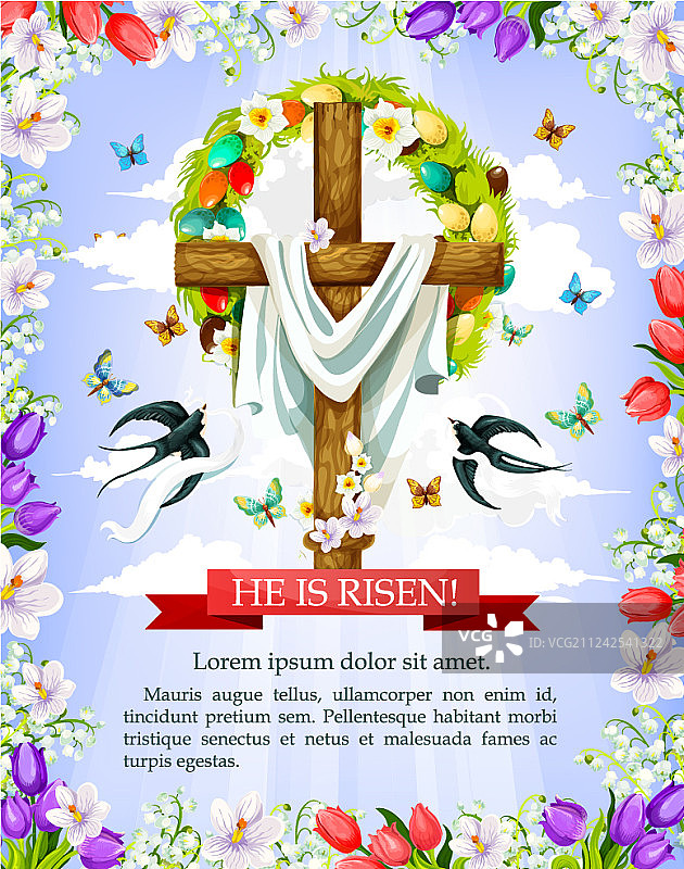 复活节鲜花彩蛋花环十字贺卡图片素材