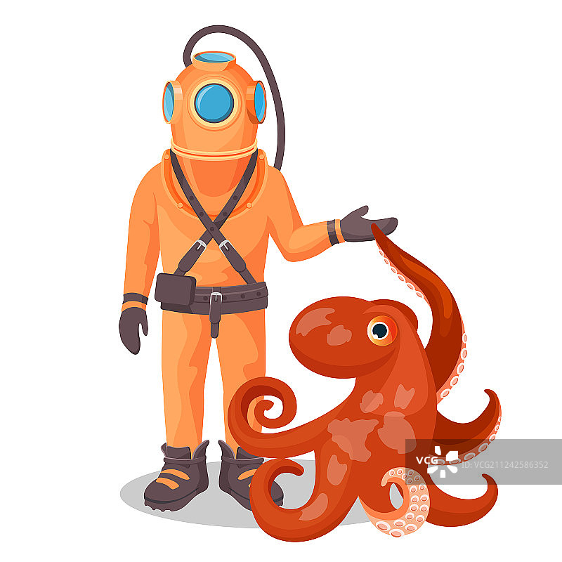 身穿潜水服的深海潜水员手持海魔鱼图片素材