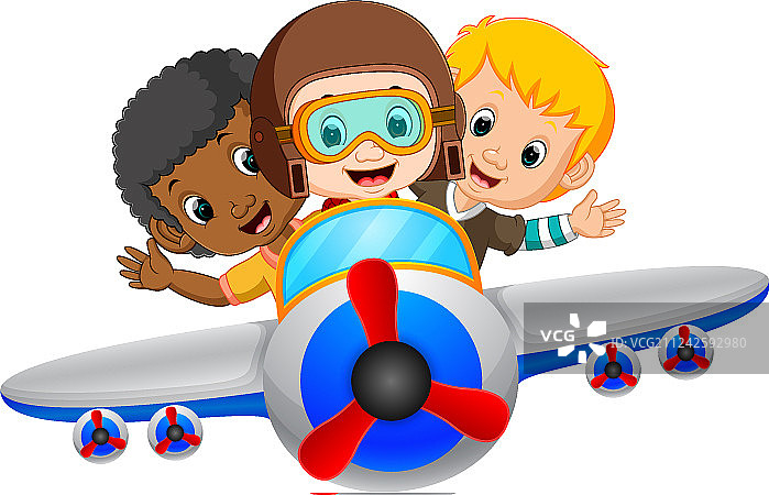 卡通男孩乘坐飞行飞机图片素材