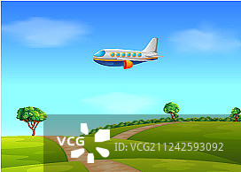 客机飞越田野图片素材