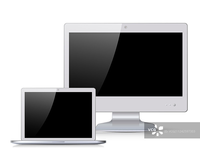 黑色屏幕的白色显示器和笔记本电脑图片素材