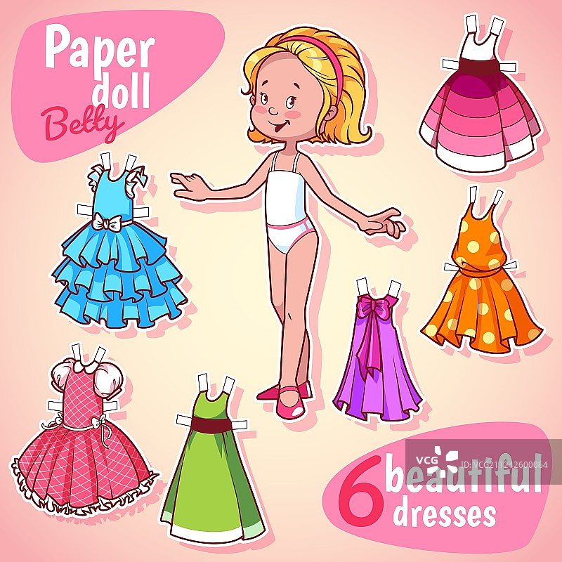 非常可爱的纸娃娃和六件漂亮的连衣裙图片素材