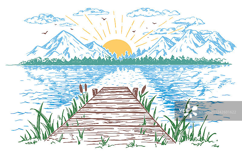 湖面日出景观图片素材