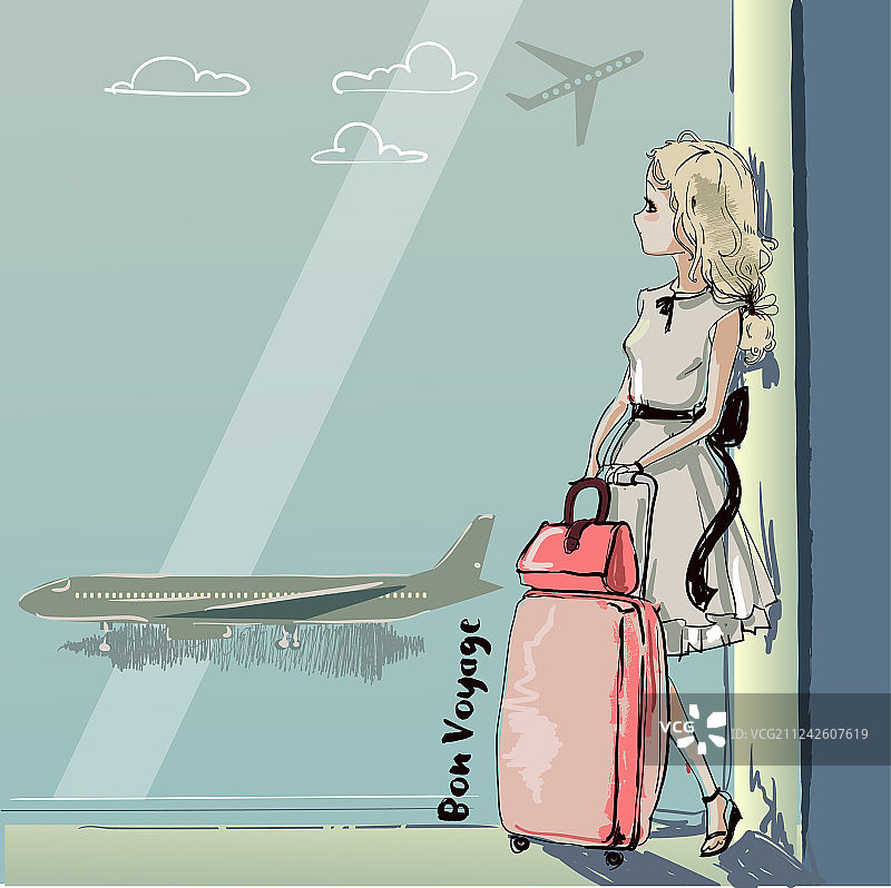 机场里的可爱卡通女孩图片素材