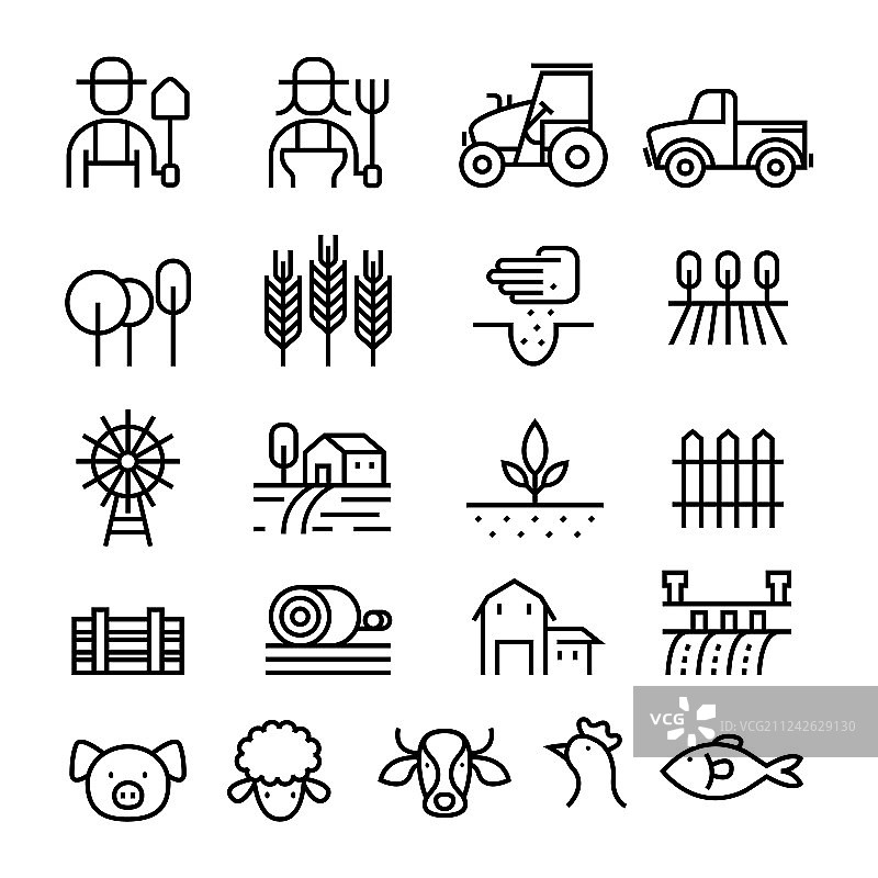 农场和农业线性图标集图片素材