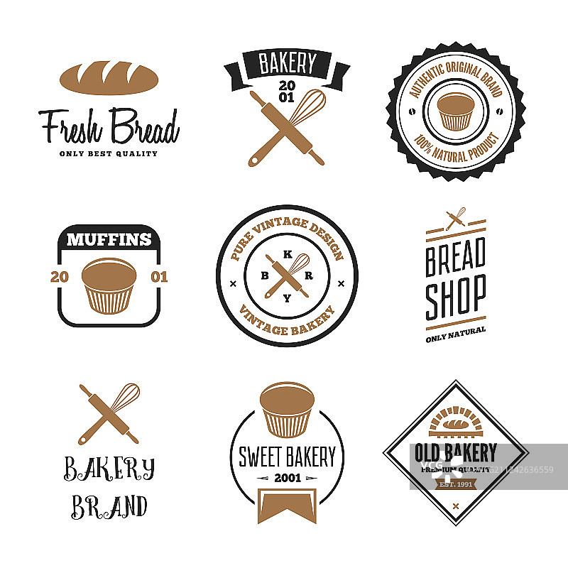 面包店和面包标志标签徽章套装图片素材