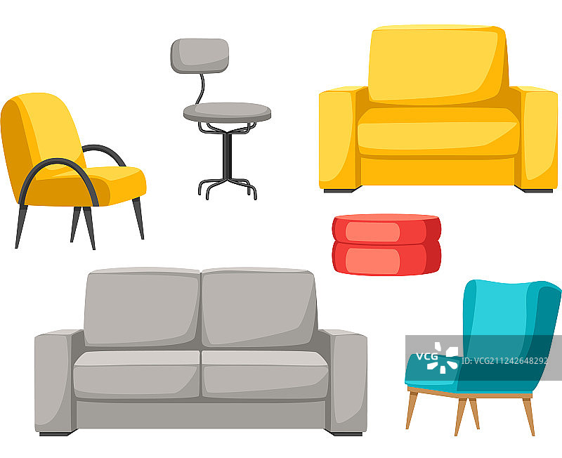 室内与家具套装：沙发扶手椅和蒲团图片素材