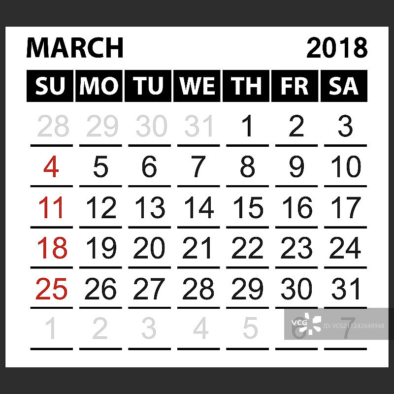 2018年3月日历表图片素材