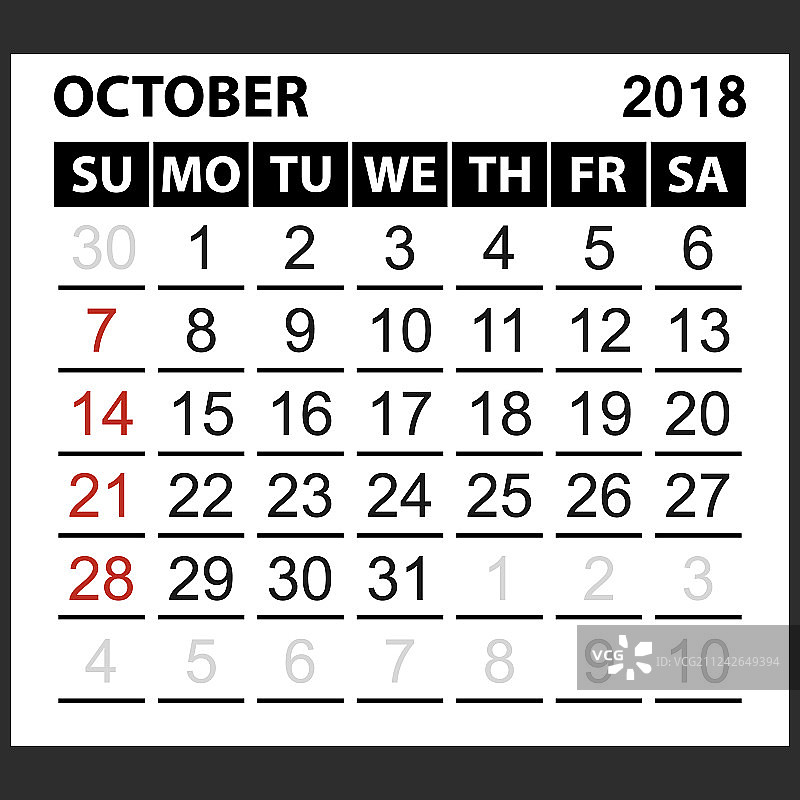 2018年10月日历表图片素材