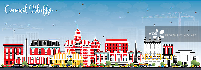 爱荷华州康瑟尔布拉夫斯彩色建筑天际线图片素材