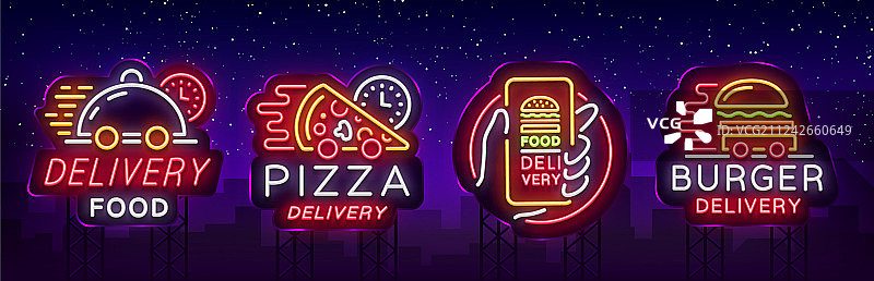 食品配送系列霓虹灯标志集合图片素材