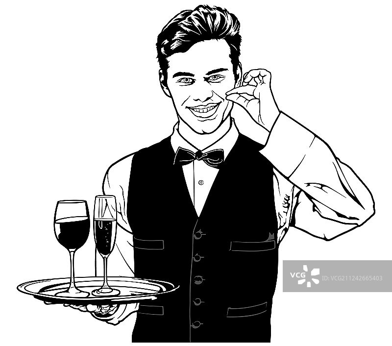 服务员端饮料并展示美味佳肴图片素材