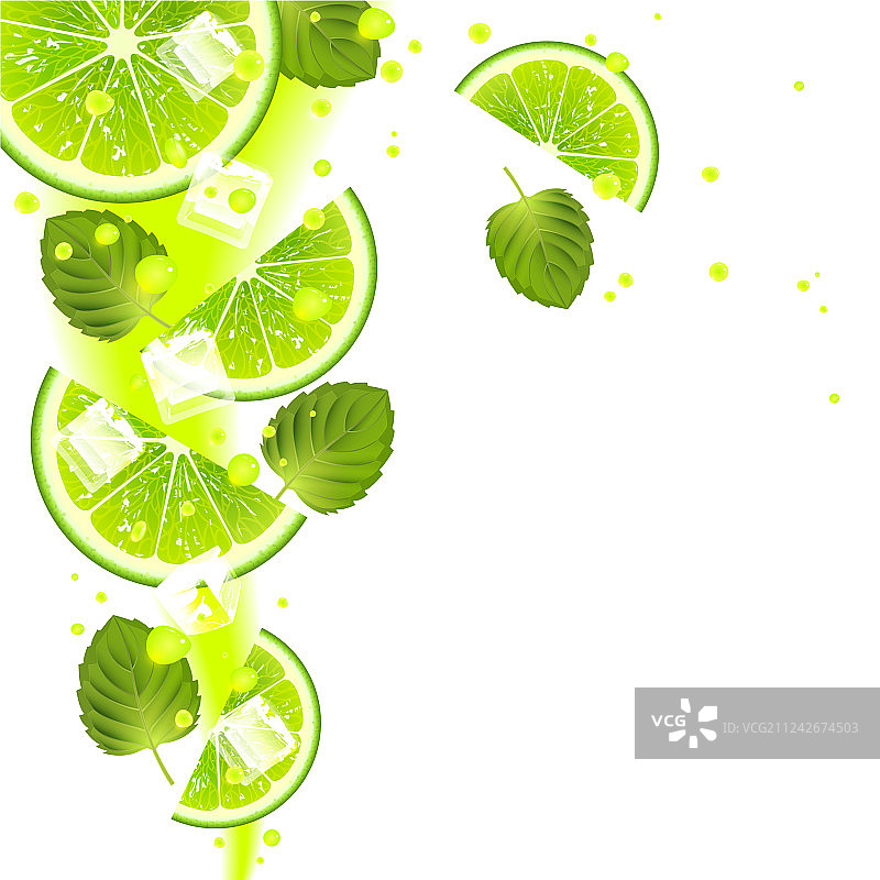 青柠与薄荷叶和果汁飞溅图片素材
