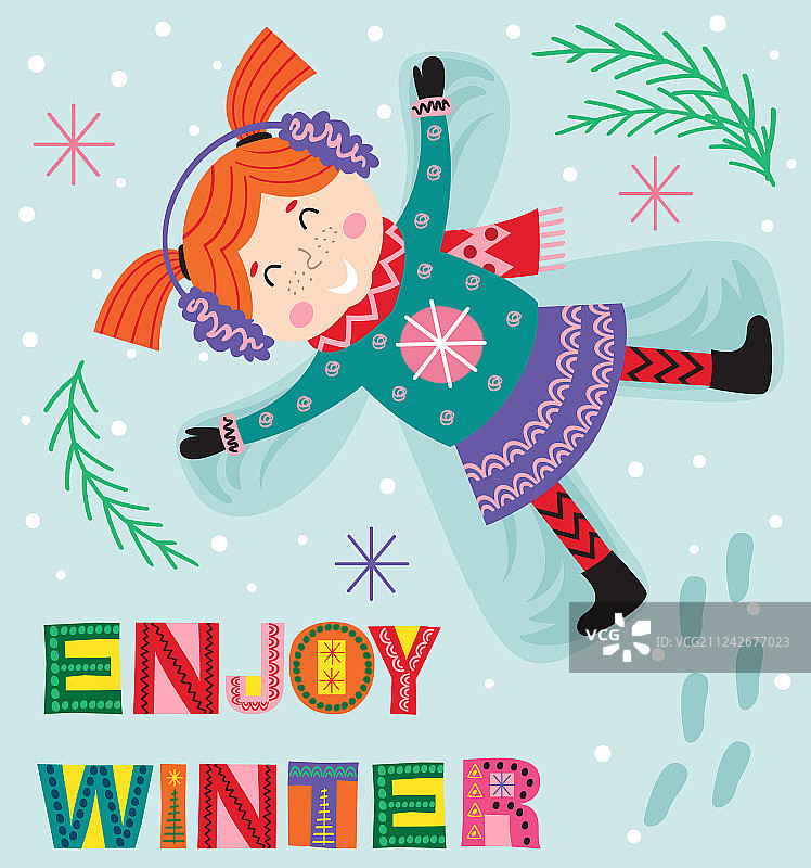 女孩在雪地里做天使图片素材