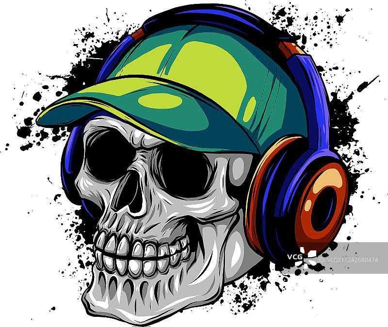 戴着耳机听音乐的骷髅绘画图片素材