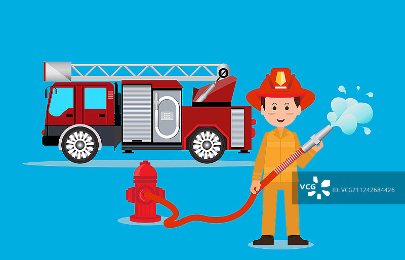 穿制服带水管的消防员图片素材