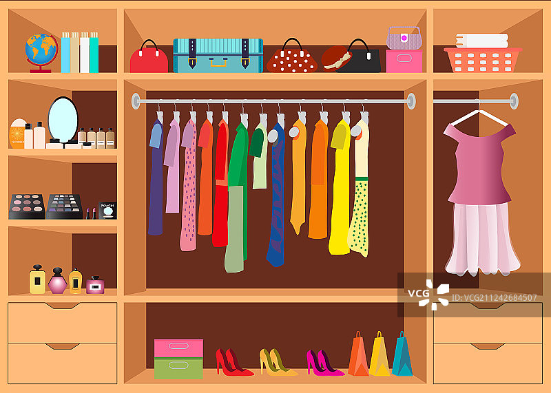 扁平风格带搁板的步入式衣柜图片素材