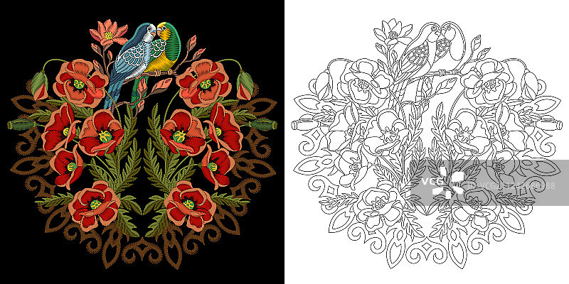 情侣鸟刺绣图案图片素材