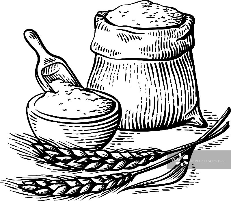 装满新鲜面粉的粗麻布袋和木制餐具图片素材